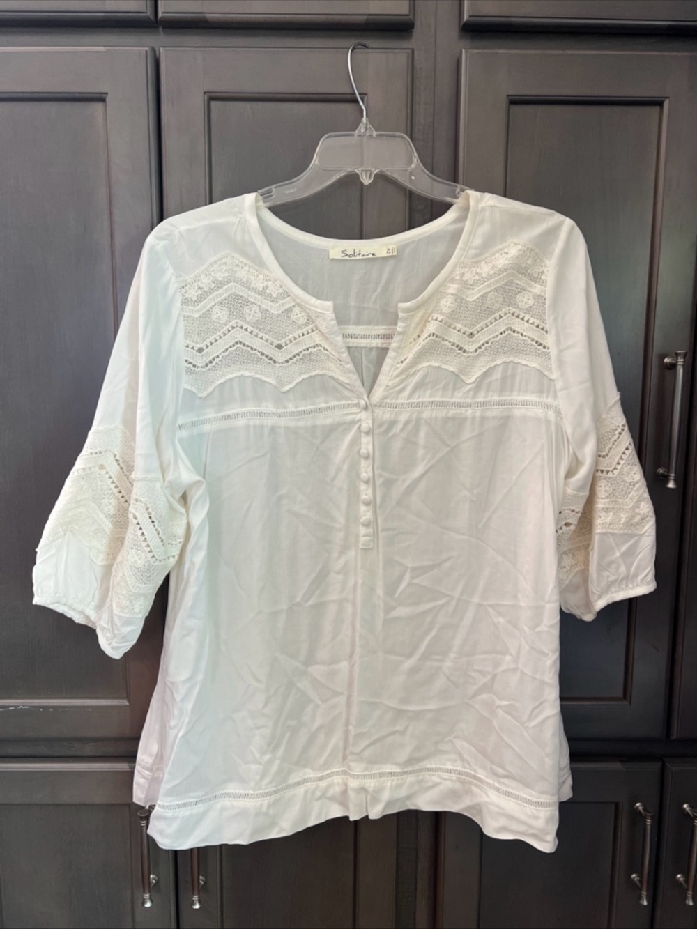 Solitaire Women’s Plus 2X White Crochet-Trim Cotton Blend Peasant Tunic Blouse